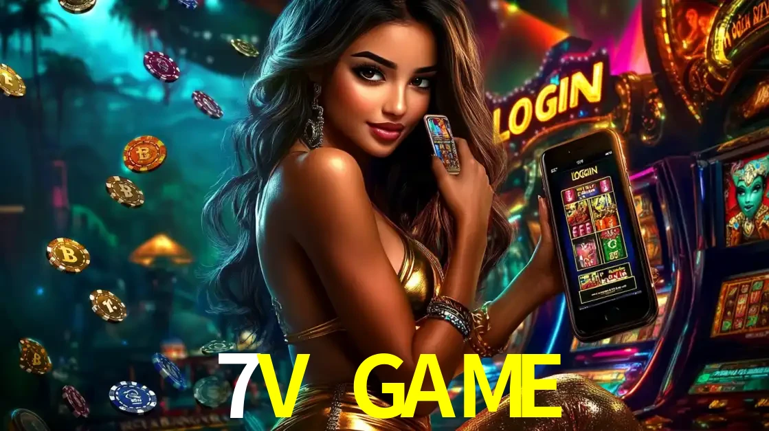 Mulher em um cenário de cassino temático de aventura, mostrando o app de caça-níqueis da 7V GAME no celular. Fichas de apostas flutuam ao redor.