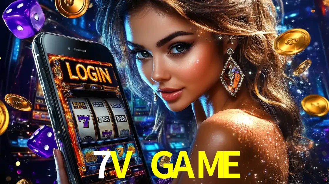 Mulher glamorosa segurando um smartphone com a tela de login para os jogos de caça-níqueis do cassino online 7V GAME, com moedas de ouro e dados ao redor.
