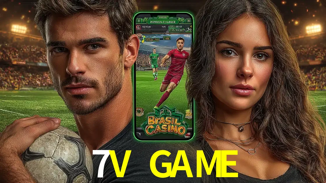 Homem segurando uma bola de futebol e uma mulher ao lado de um smartphone exibindo o jogo de apostas esportivas da 7V GAME. Faça seu palpite no cassino online.